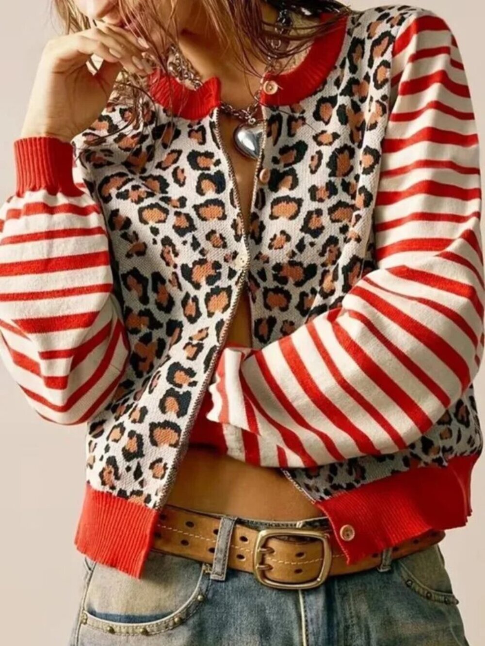 Leopard Print Striped Long-Sleeve Multicolor Cardigan - Picture 2 of 5